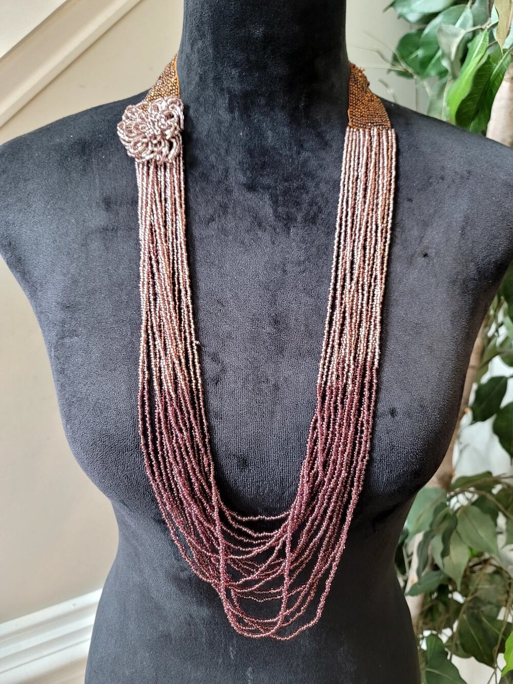 Brown Multi Strand Seed Bead Statement Necklace Long Layered Boho Jewelry